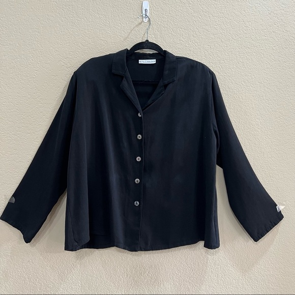 BRYN WALKER Black Tencel Button Down Collared Minimalist Lagenloook Top Sz S EUC - Picture 1 of 10